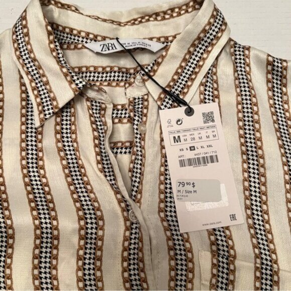 Zara   NEW Ivory Chain Houndstooth Striped Print Satin Button Down Top Blo… - Picture 11 of 13